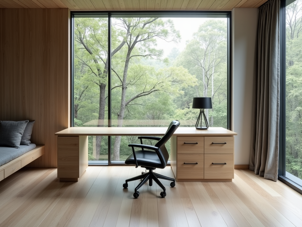 Minimalistischer Arbeitsplatz mit Blick auf einen ruhigen Wald.
