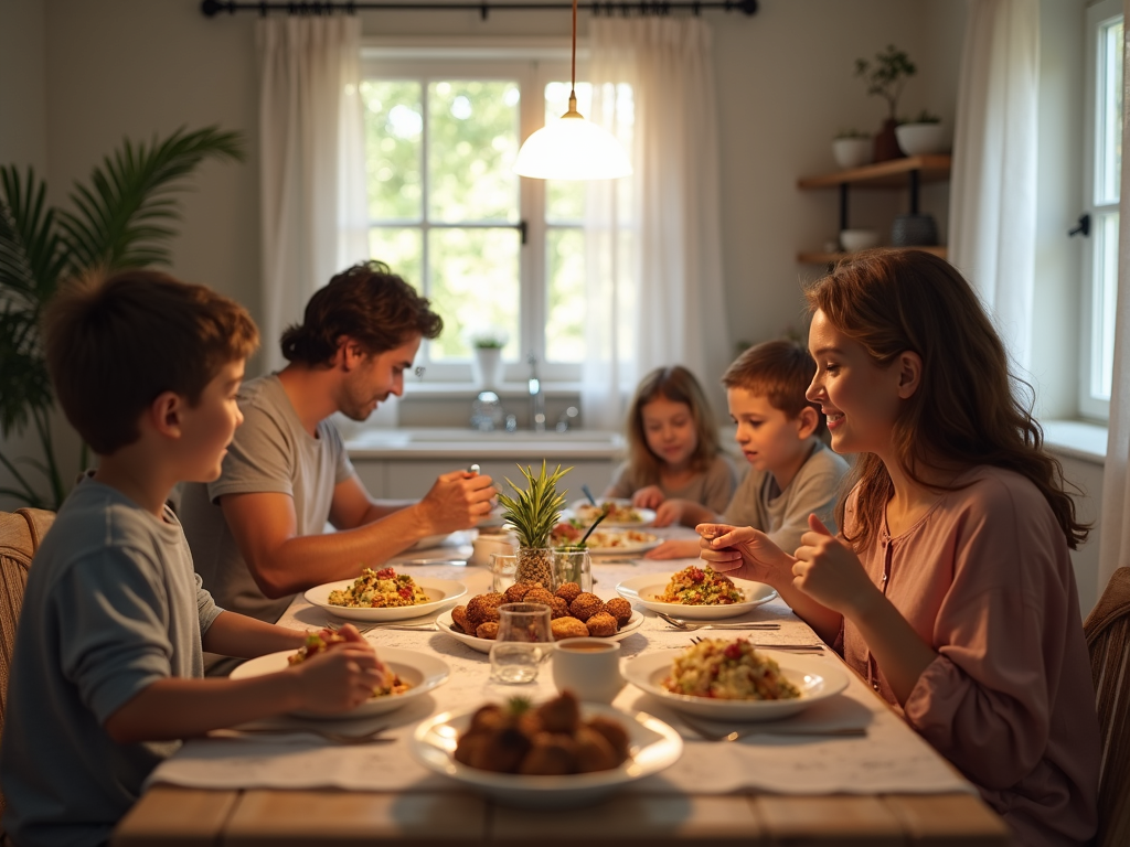 Eine Familie isst gemeinsam ein selbstgekochtes Abendessen an einem schlicht gedeckten Tisch.