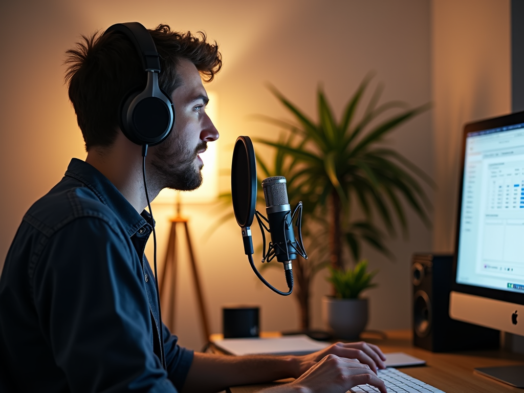 Ein Podcaster nimmt in einem minimalistischen Heimstudio mit nur einem Mikrofon und einem Laptop auf.
