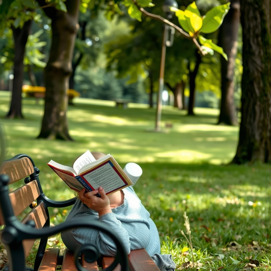 Eine Person sitzt entspannt auf einer Parkbank und liest ein Buch in der Natur, ohne technische Geräte.