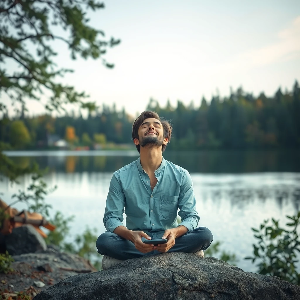 Person entspannt in der Natur ohne Smartphone, umgeben von Bäumen und einem See