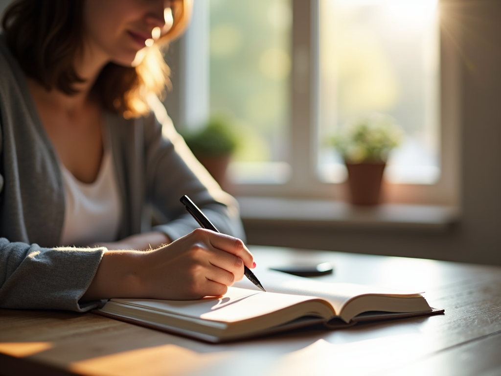 Eine Person schreibt in ein Tagebuch an einem sauberen Schreibtisch mit nur einem Stift und einem Notizbuch, Sonnenlicht scheint durch ein nahes Fenster.