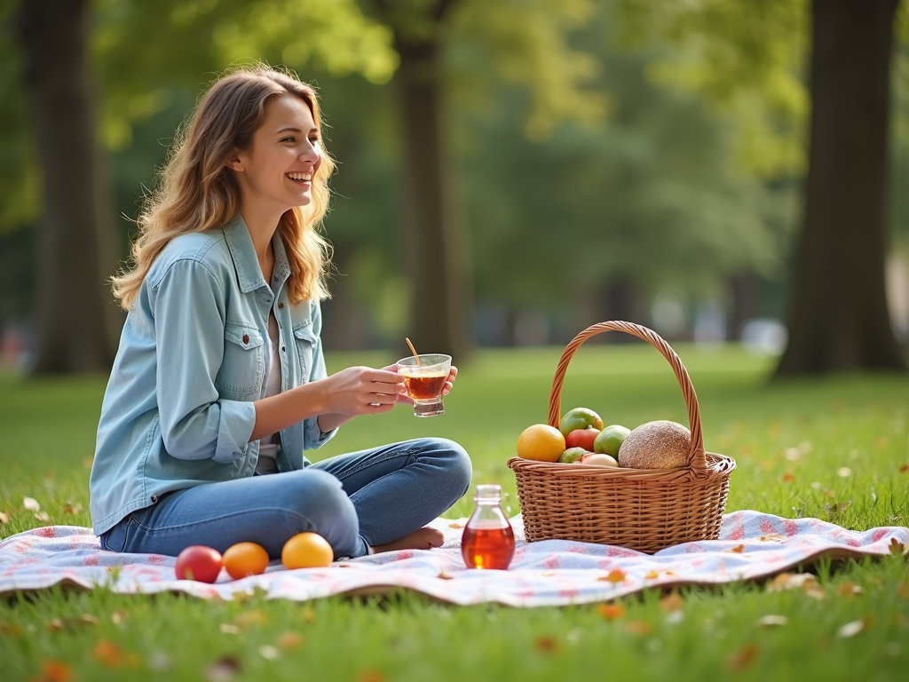 Eine Person genießt ein einfaches Picknick im Park mit einem Korb und einer Decke.