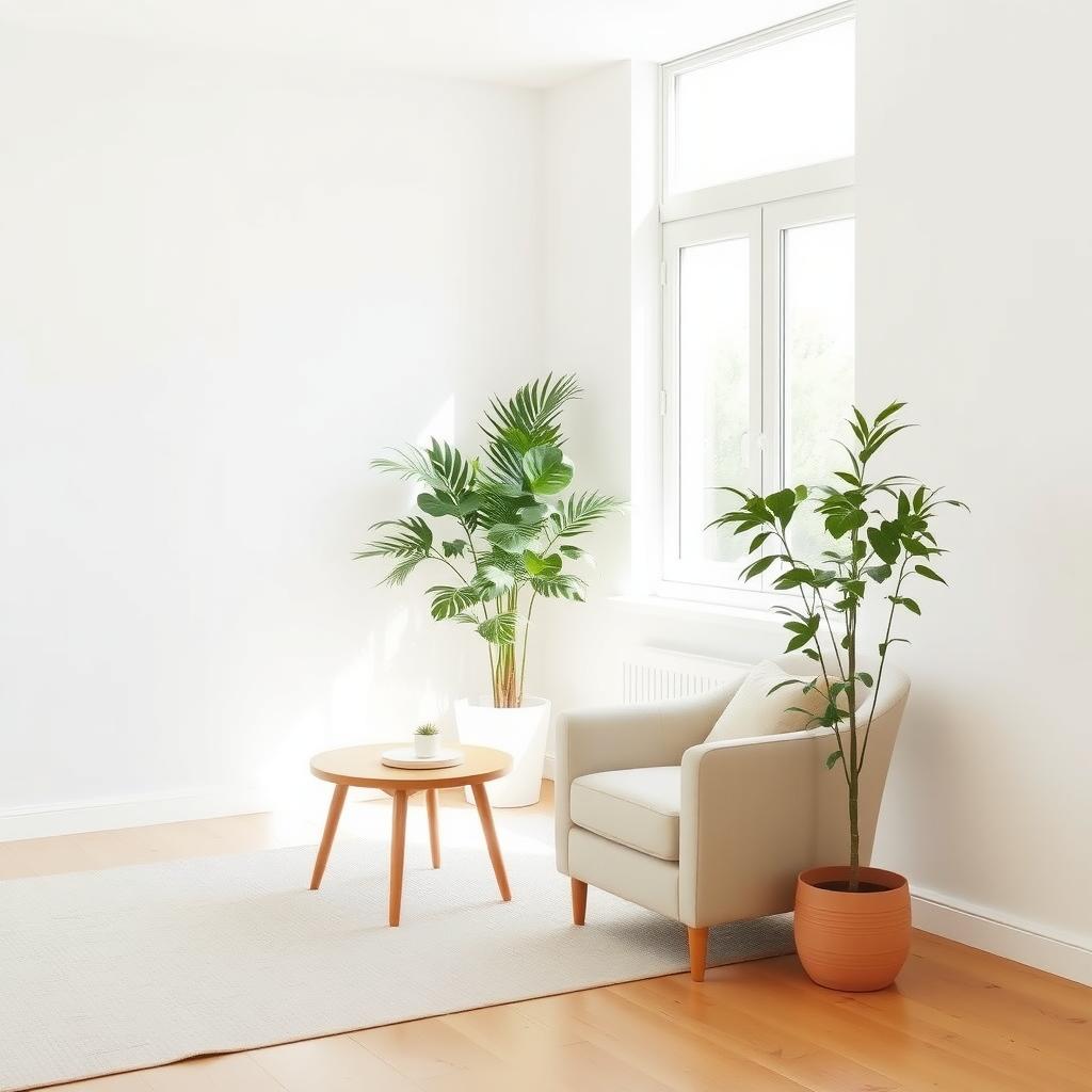 Ein minimalistisches Wohnzimmer mit einem Sessel, einem kleinen Holztisch und einer Zimmerpflanze, beleuchtet von weichem Tageslicht.