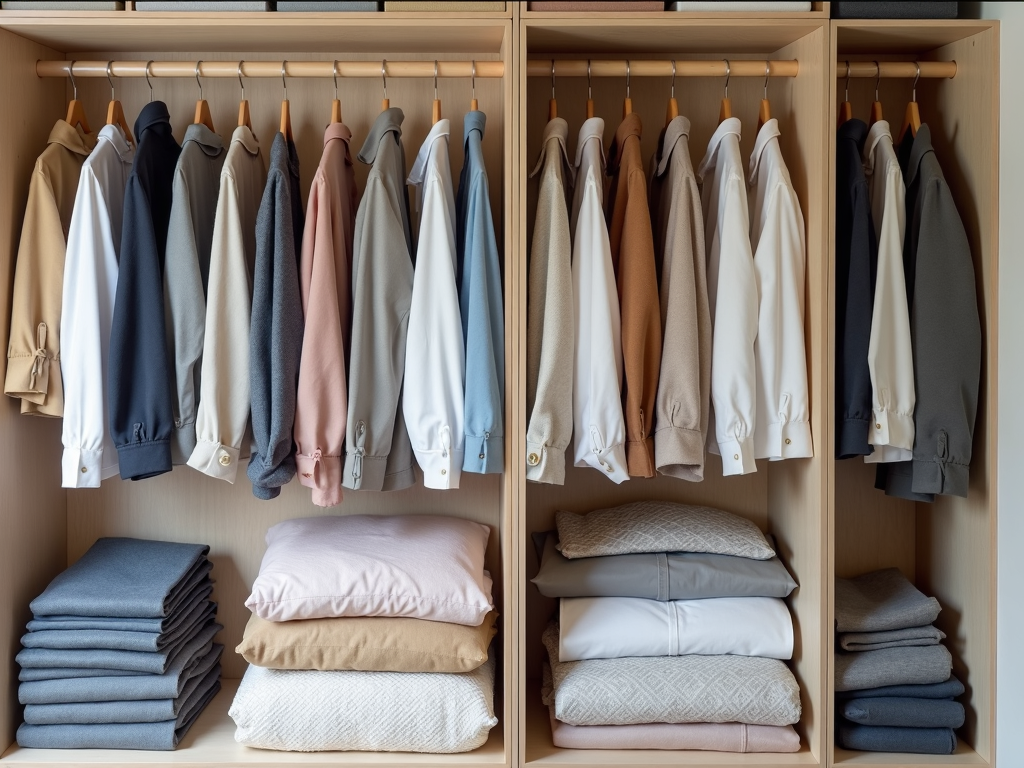 Ein ordentlich organisierter Kleiderschrank mit vertikal gefalteter Kleidung