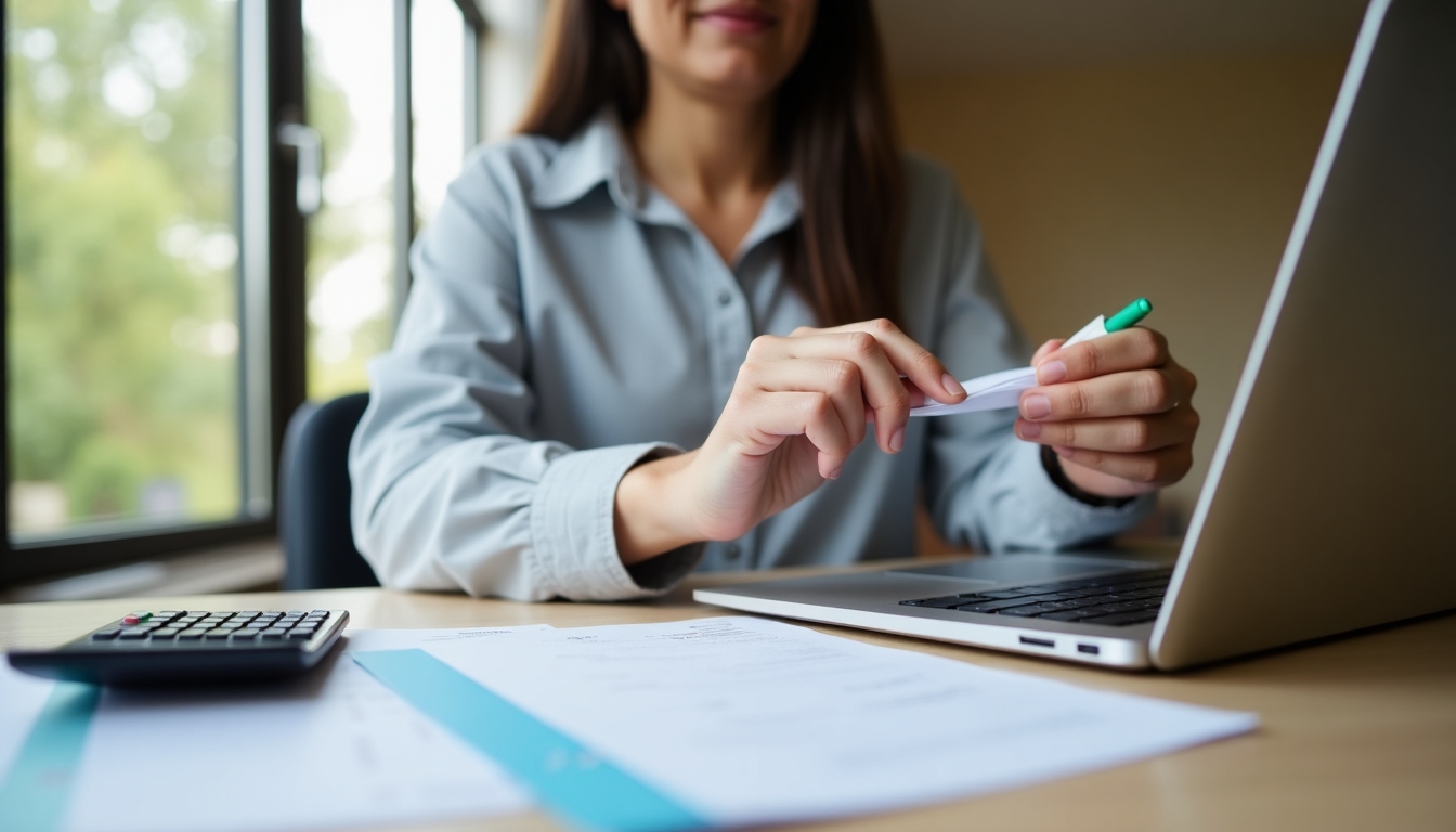 Eine Person, die an einem Schreibtisch sitzt und ihre Finanzen organisiert