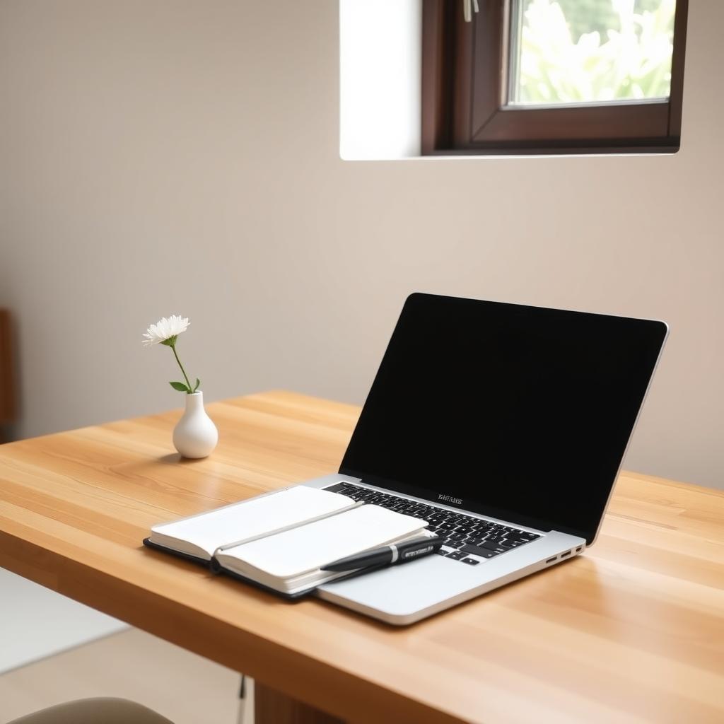 Ein minimalistischer Schreibtisch mit einem Laptop, einem Notizbuch und einem Stift auf einer sauberen Holzoberfläche, mit einer kleinen Vase und Blick auf Grün durch ein Fenster.