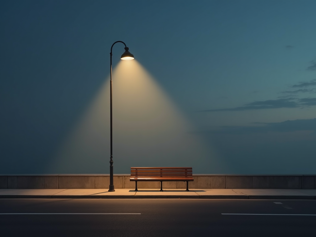 Minimalistisches Foto einer Bank unter einer Straßenlaterne