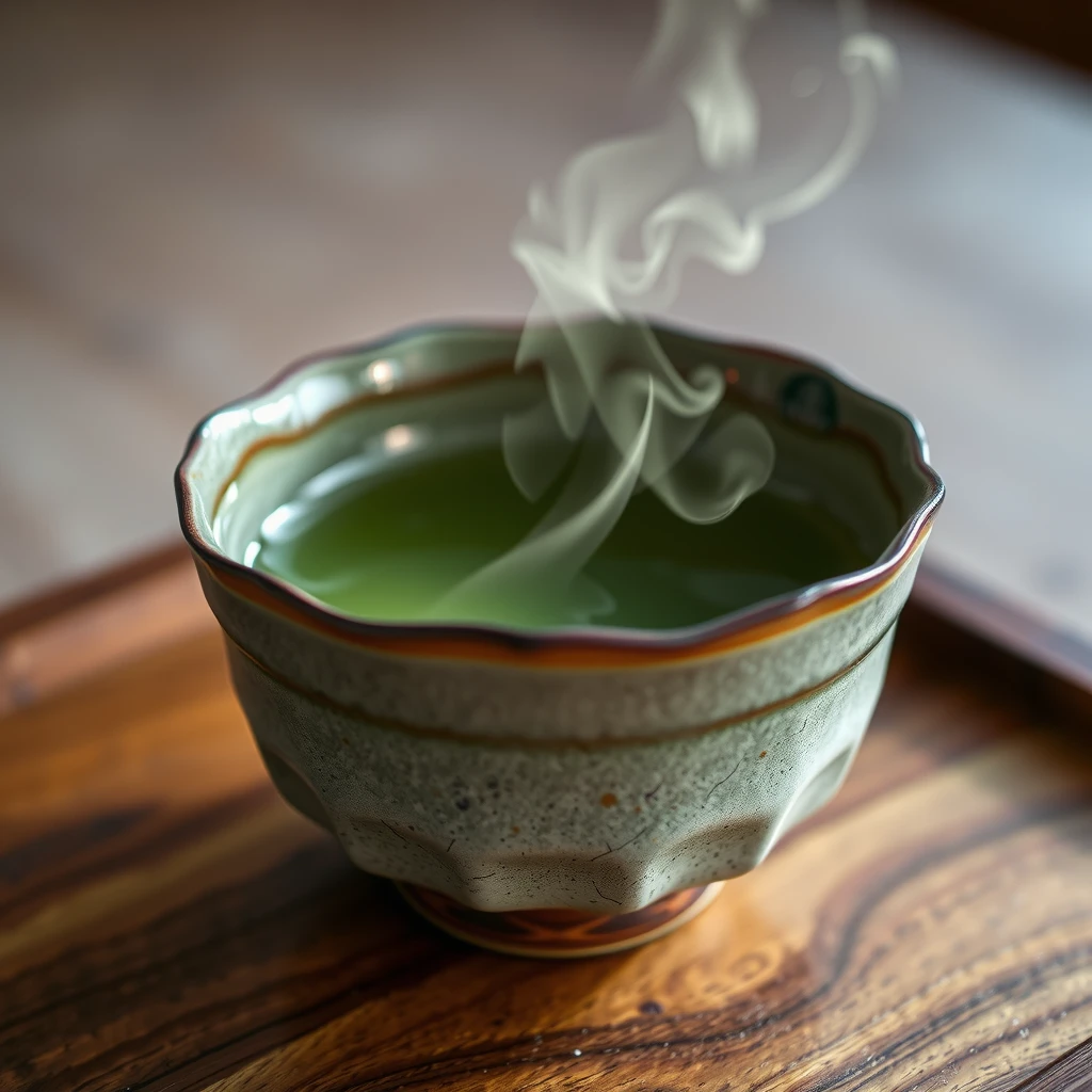Handgefertigte Teeschale mit unregelmäßigem Rand, gefüllt mit Matcha-Tee, Wabi-Sabi im Detail