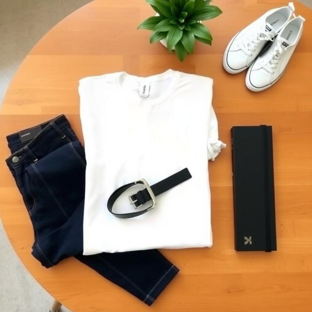 Nahaufnahme eines Holztisches mit einem minimalistischen Outfit: ein gefaltetes weißes T-Shirt, dunkelblaue Jeans, ein schwarzer Ledergürtel und weiße Sneaker, ordentlich arrangiert mit einer kleinen Topfpflanze im Hintergrund.