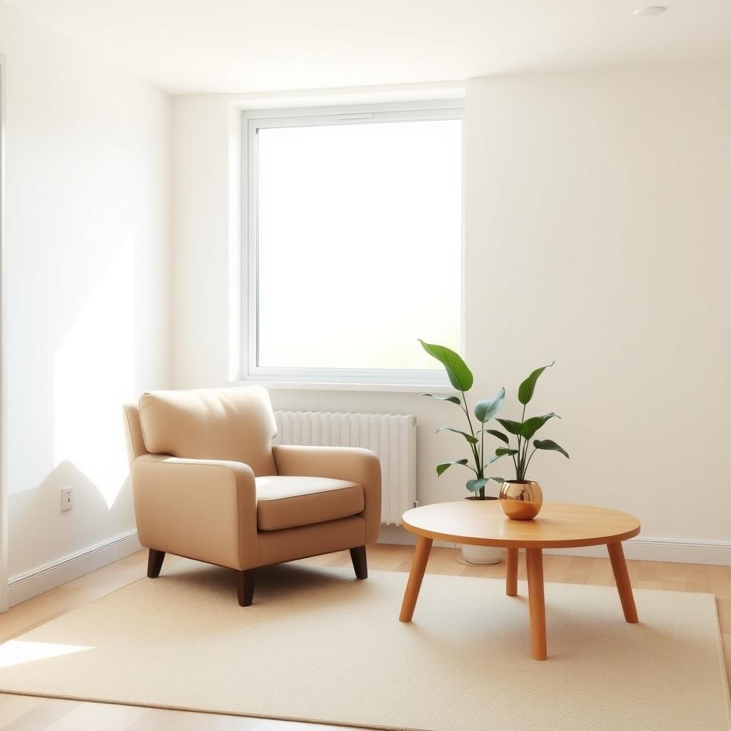 Ein minimalistisches Wohnzimmer mit einem gemütlichen Sessel, einem kleinen Holztisch und einer Topfpflanze, beleuchtet von weichem Tageslicht.