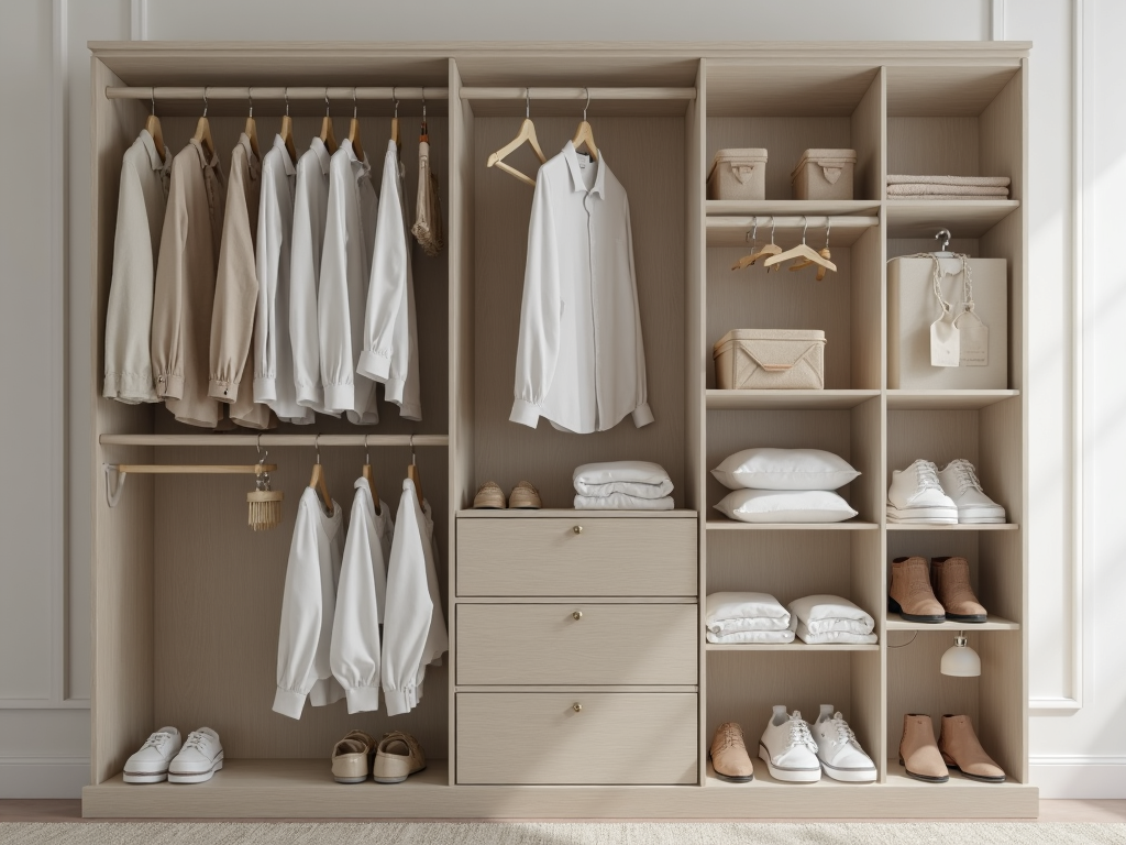Ein ordentlich organisierter Kleiderschrank mit wenigen Hemden, Hosen und Schuhen in neutralen Farben.