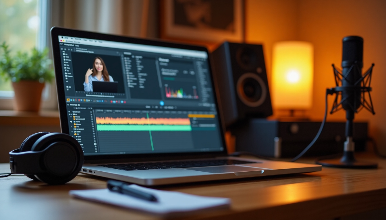 Simple podcast editing setup showing a laptop and headphones, illustrating streamlined processes.