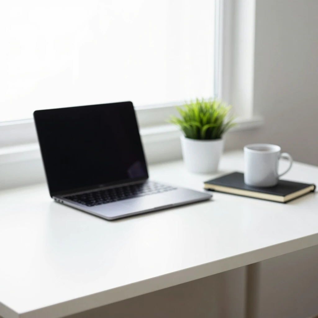 Ruhiger minimalistischer Arbeitsplatz mit Laptop, Notizbuch und Kaffeetasse