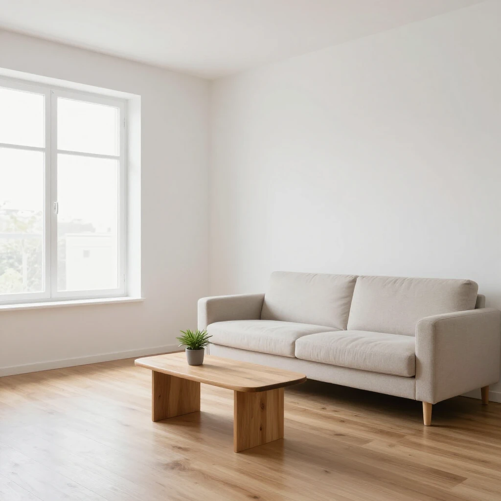 Ein ruhiger, minimalistischer Wohnraum mit viel Licht und wenigen Möbeln, der Frieden und Klarheit ausstrahlt