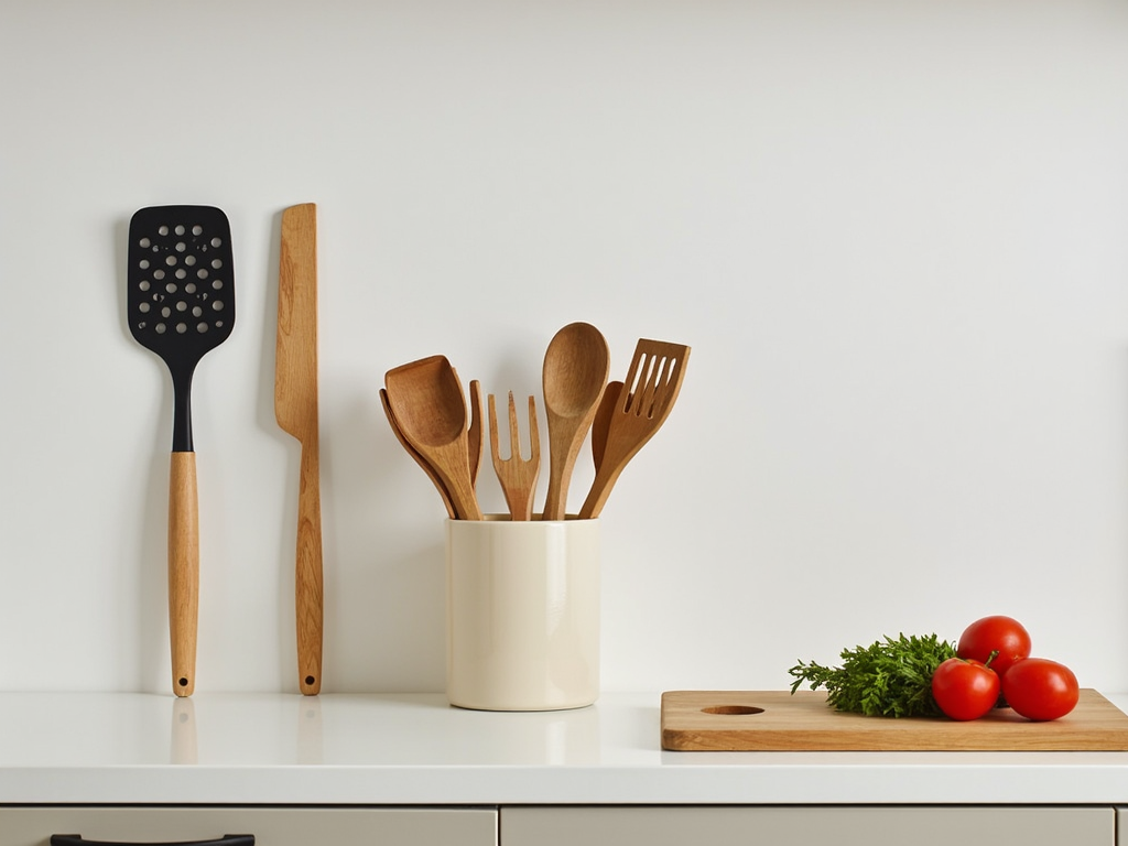 Eine minimalistische Küchenarbeitsplatte mit nur wenigen Kochutensilien und frischem Gemüse.