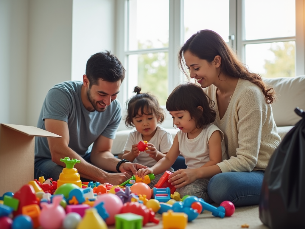 Eine Familie sortiert gemeinsam Spielsachen in einem hellen, luftigen Raum. Die Szene wirkt positiv und zeigt Teamarbeit.