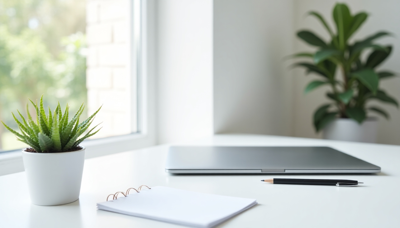 Minimalist lifestyle elements; simple desk setup with plants.