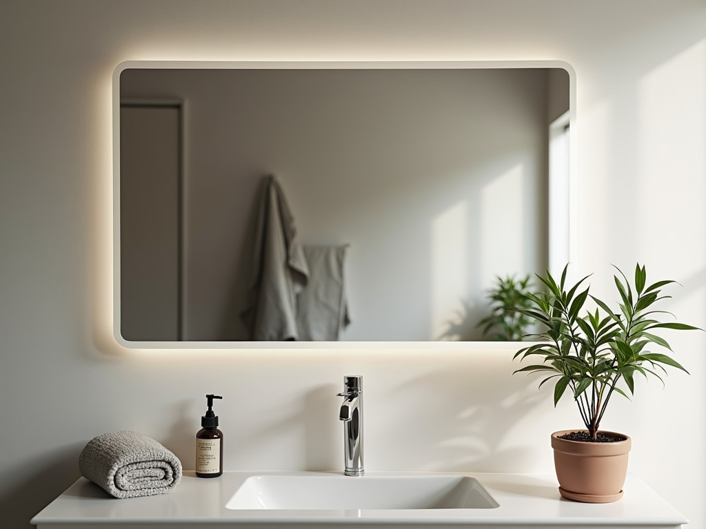 A modern, smart mirror in a minimalist bathroom with built-in LED lighting and touch controls.