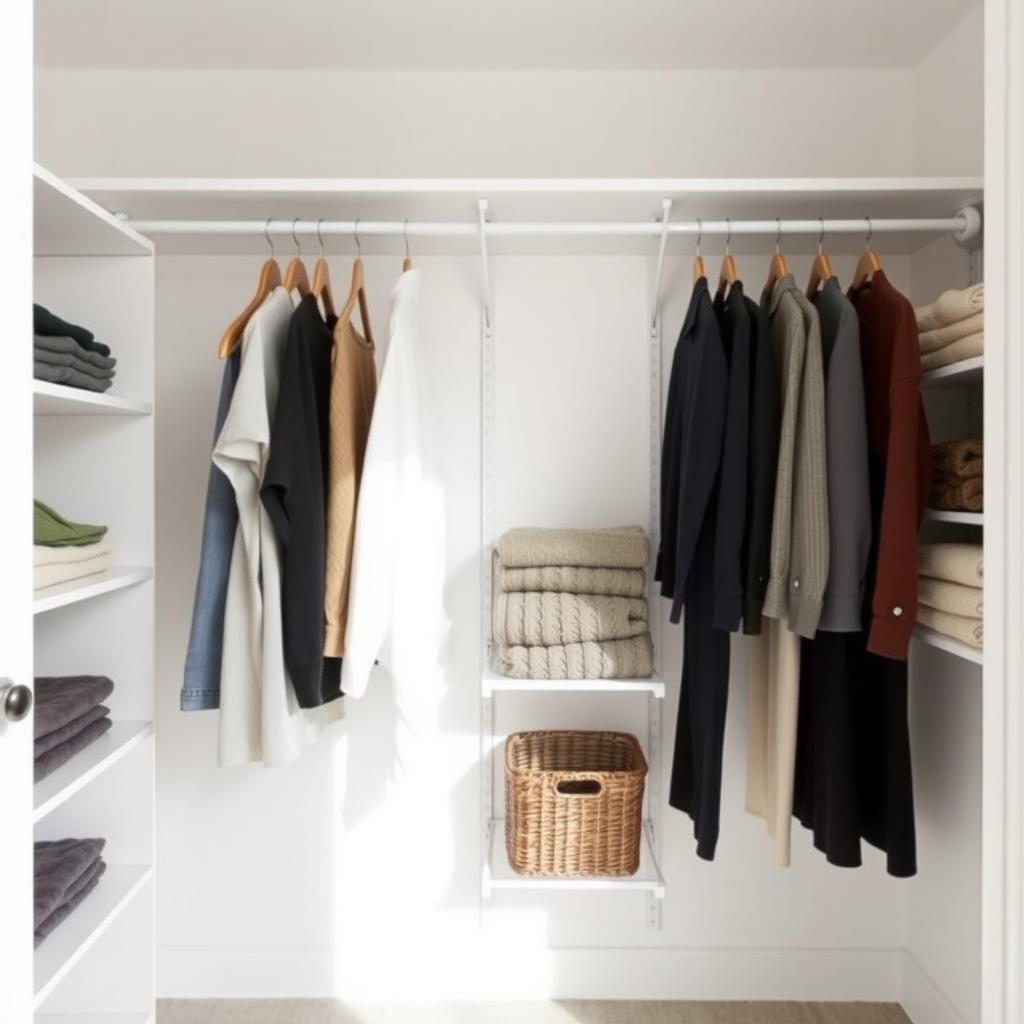 Ein ordentlich organisierter Kleiderschrank mit minimalistischem Design, mit wenigen gut angeordneten Kleidungsstücken an Bügeln, gefalteten Pullovern auf Regalen und einem kleinen Korb für Accessoires in einem hellen, sauberen Raum.