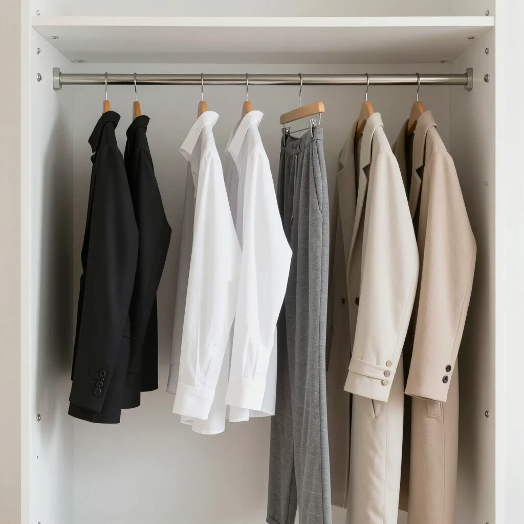 Offener minimalistischer Kleiderschrank mit wenigen Basics in neutralen Farben
