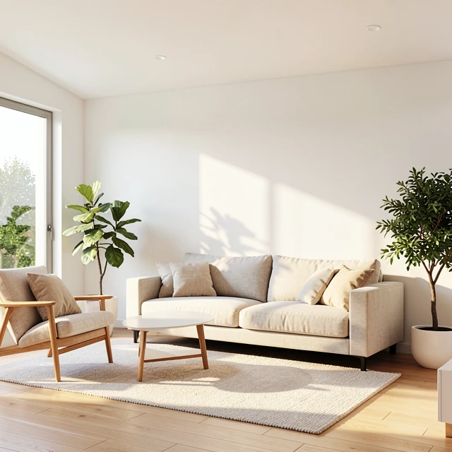 Helles, aufgeräumtes Wohnzimmer im minimalistischen Stil
