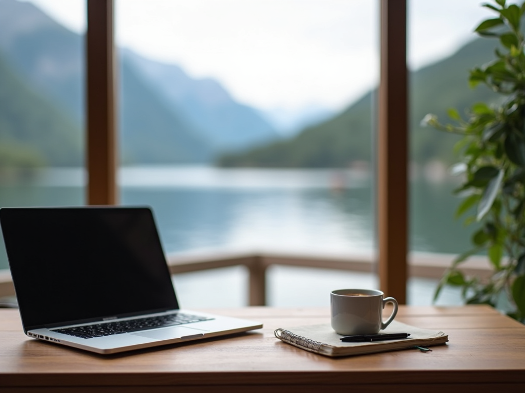 Ein ruhiger Arbeitsplatz mit Laptop, Notizbuch und einer Tasse Kaffee.