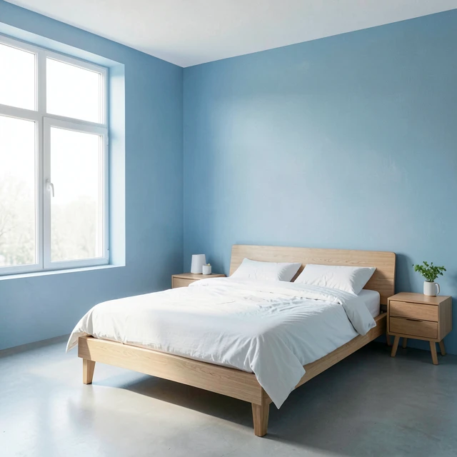 Ruhiges minimalistisches Schlafzimmer in sanften Blautönen