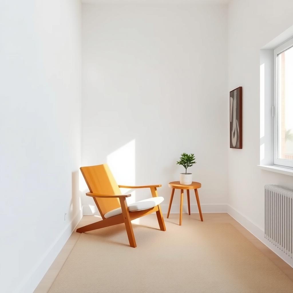 Ein minimalistisches Wohnzimmer mit weißen Wänden, einem Holzstuhl, einem kleinen Tisch mit Topfpflanze und einem großen Fenster.