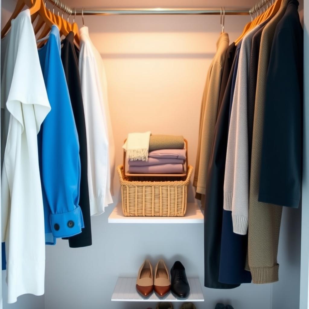 Ein ordentlicher Kleiderschrank mit farblich sortierter Kleidung auf Holzbügeln, einer kleinen Korb für Schals und ein Paar Schuhe am Boden.