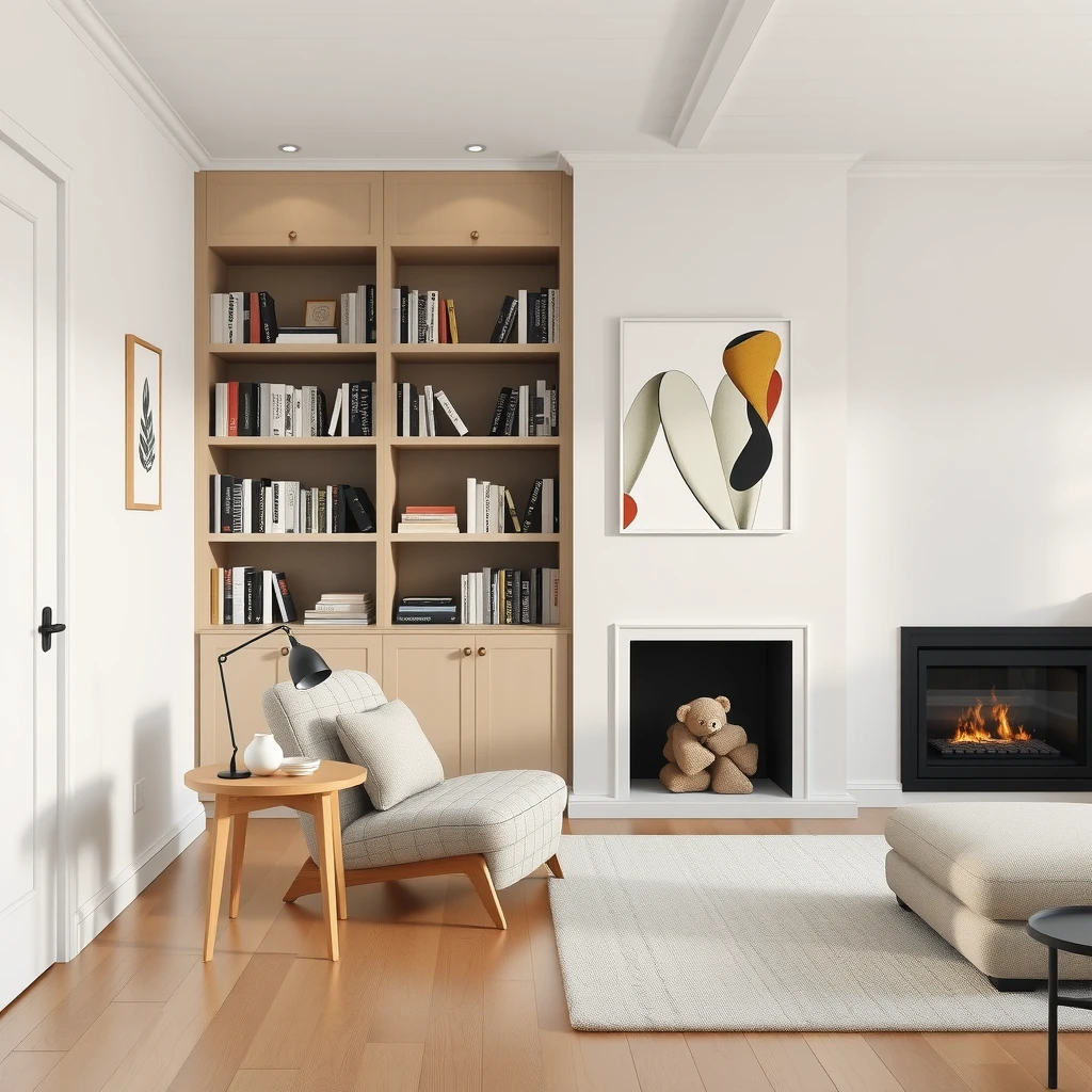 Gemütliches skandinavisches minimalistisches Wohnzimmer mit Sessel, Regal und Kamin