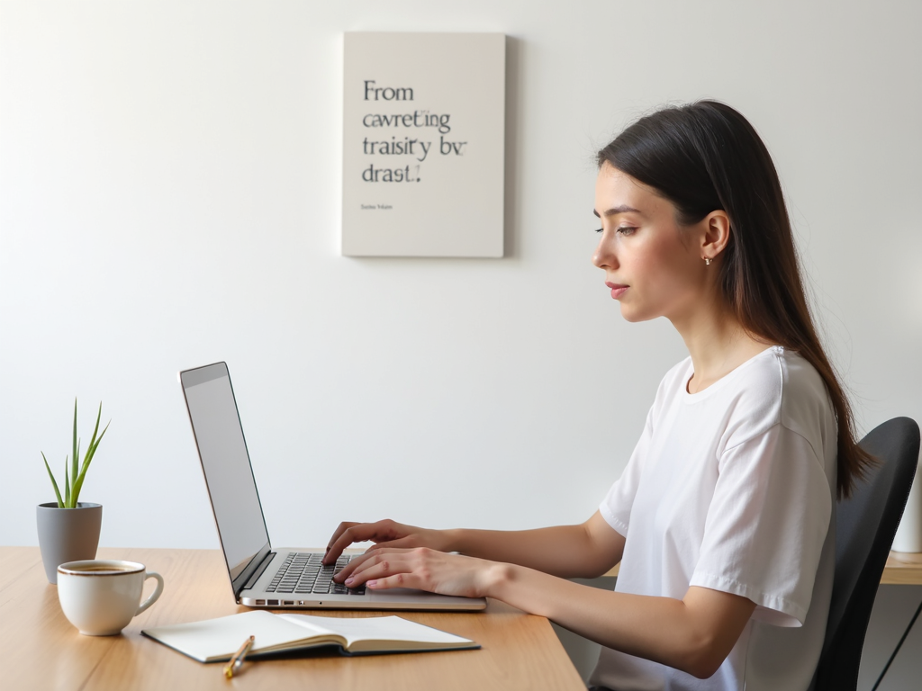 Ein aufgeräumter Schreibtisch mit Laptop und wenigen essenziellen Gegenständen