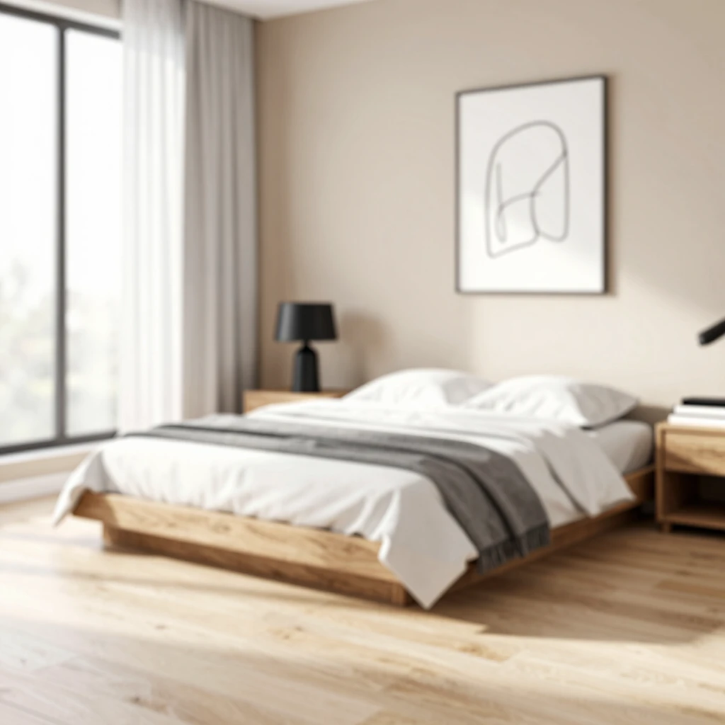 Minimalistisches Schlafzimmer mit weißer Bettwäsche und sanfter Beleuchtung