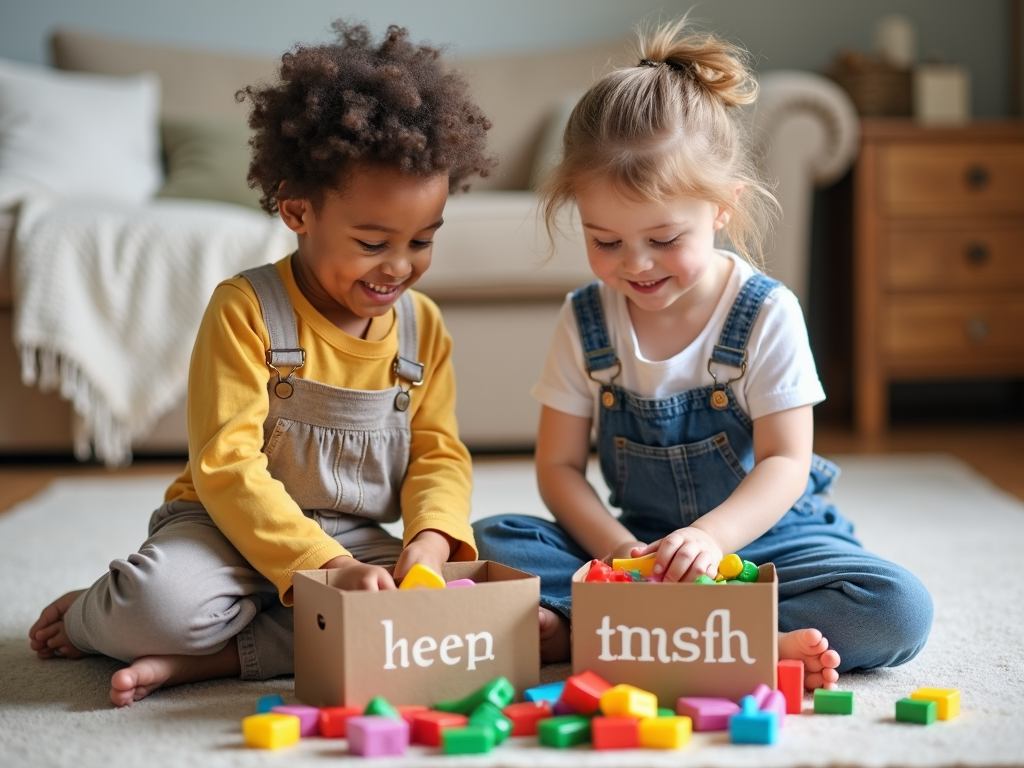 Kinder helfen beim Aussortieren von Spielzeug.
