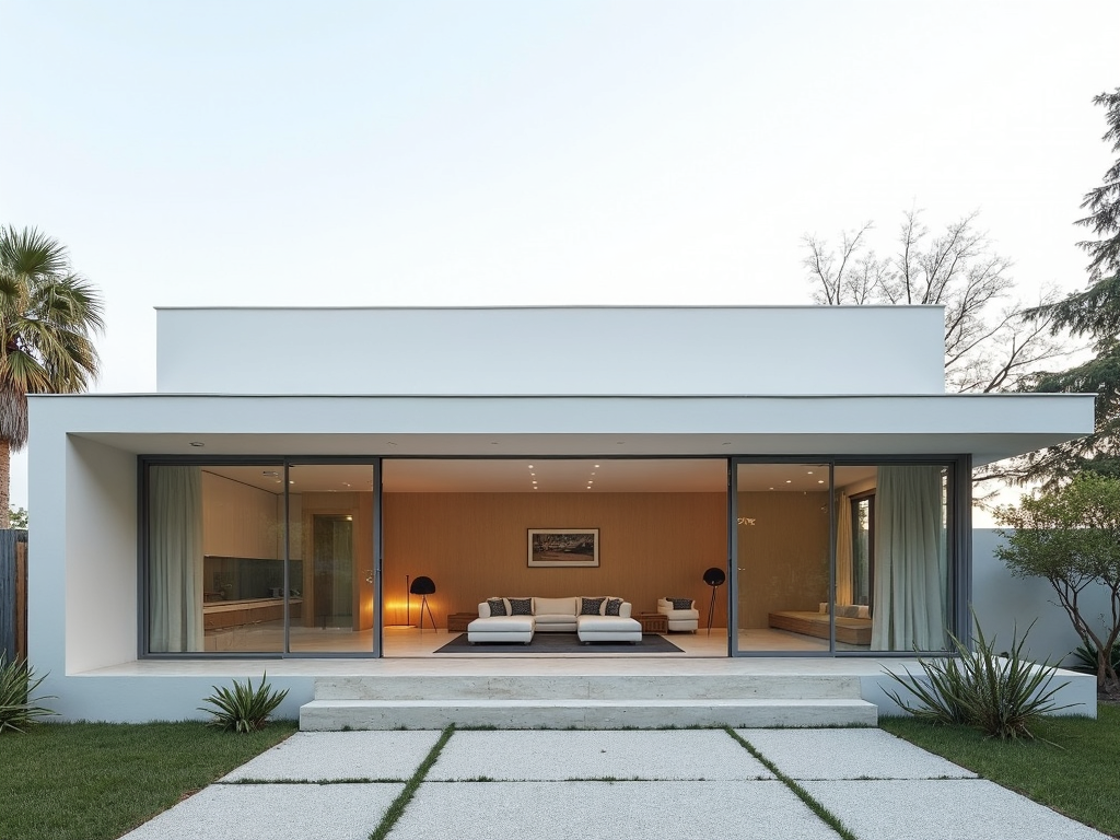 Das minimalistische Äußere eines Hauses mit klaren Linien, großen Glasfenstern und einem einfachen Garten mit wenigen, sorgfältig platzierten Pflanzen.