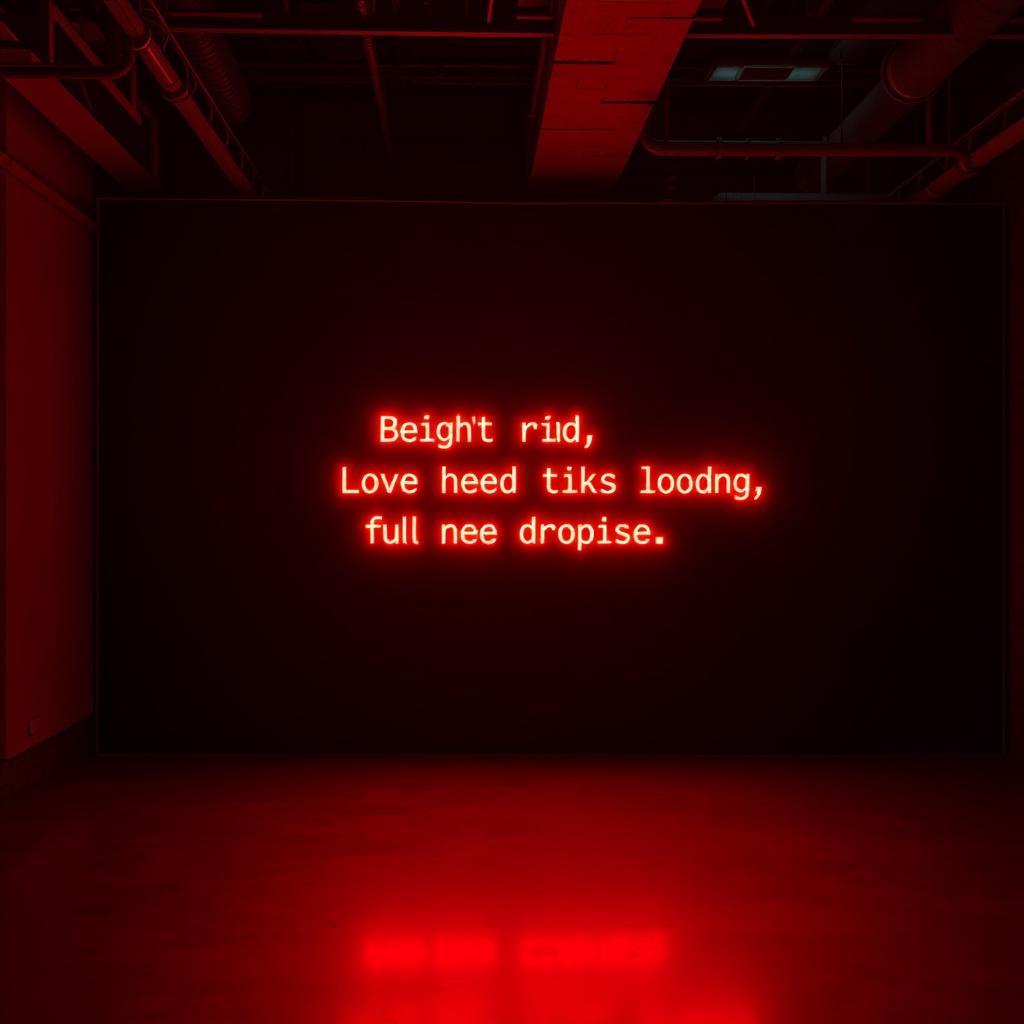 Leuchtend rote LED-Texte mit einer nachdenklichen Botschaft laufen über eine dunkle Wand in einer urbanen Galerie mit freiliegenden Ziegeln.