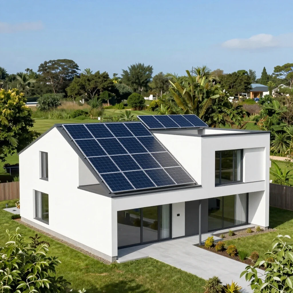 Modernes minimalistisches Einfamilienhaus mit integrierten Solarpaneelen auf dem Dach, umgeben von grüner Natur