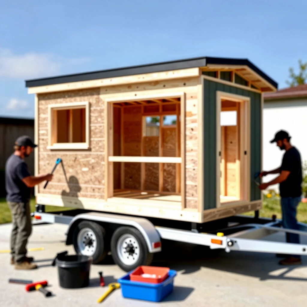 Bau eines Tiny Houses: Menschen errichten den Holzrahmen auf einem Trailer