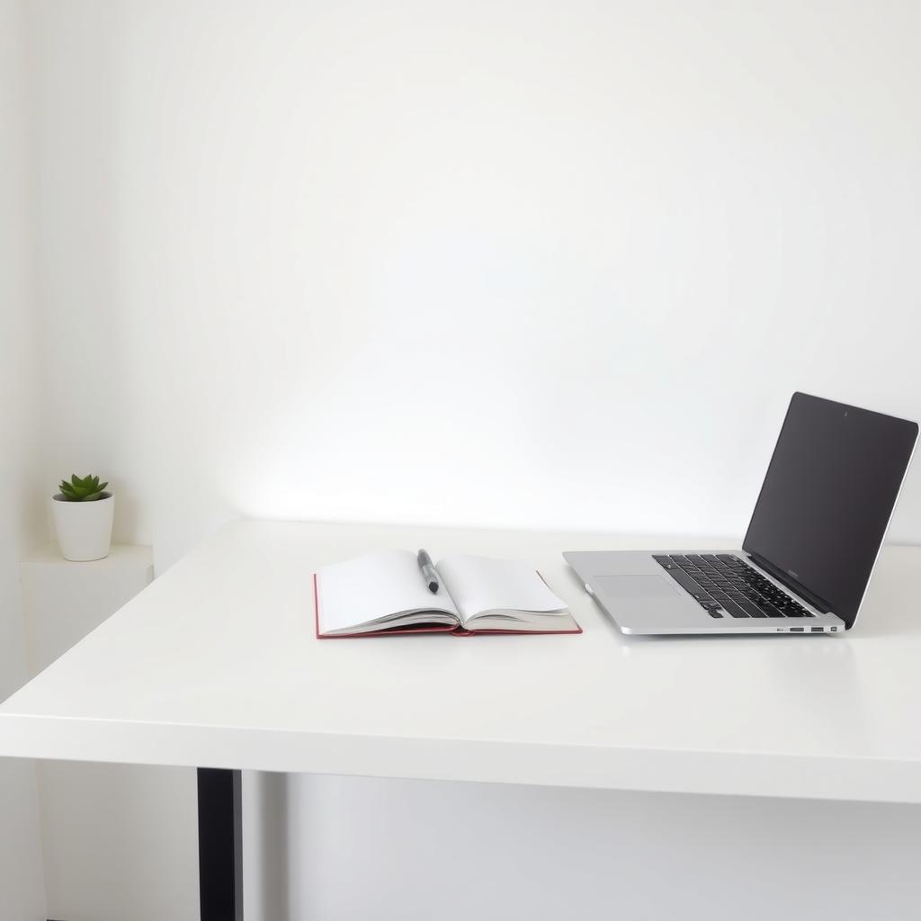 Minimalistischer Schreibtisch mit Laptop und Notizbuch