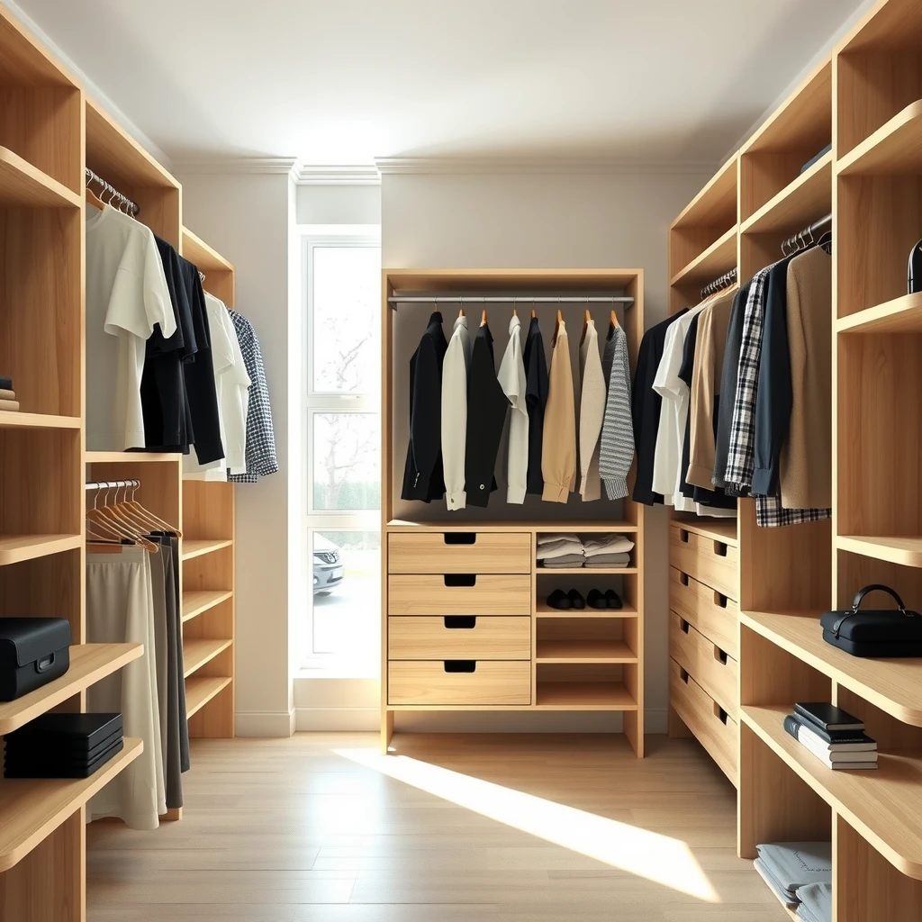 Ein heller, aufgeräumter minimalistischer Kleiderschrank mit wenigen, hochwertigen Kleidungsstücken