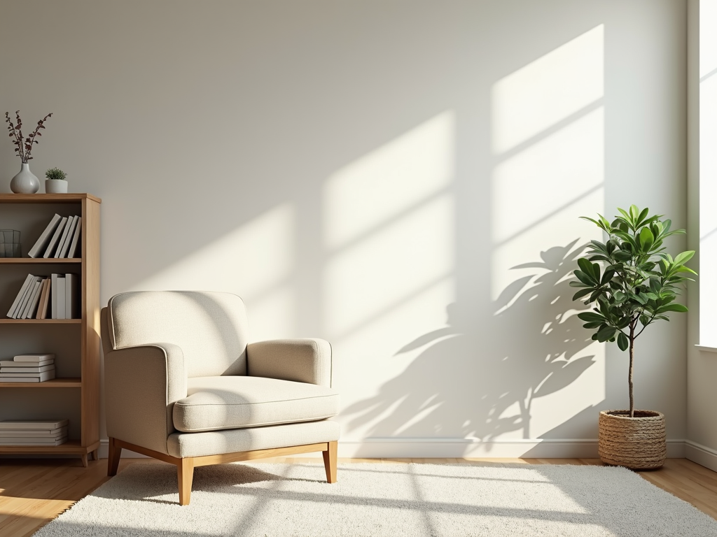 Ein minimalistisches Wohnzimmer mit einem gemütlichen Sessel, einem kleinen Bücherregal und einem großen Fenster, das natürliches Licht hereinlässt.