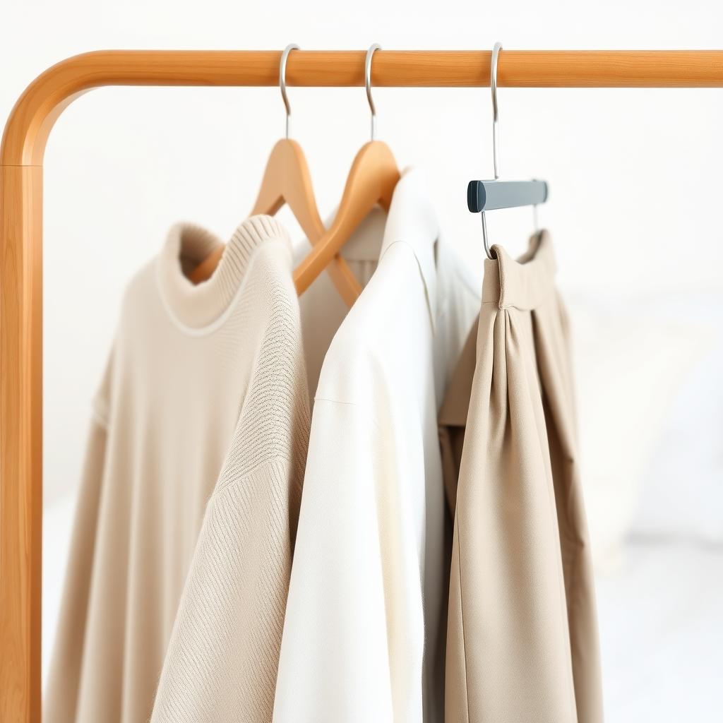 Ein hölzerner Kleiderständer mit einer Auswahl hochwertiger, neutralfarbiger Kleidung in einem minimalistischen Schlafzimmer.