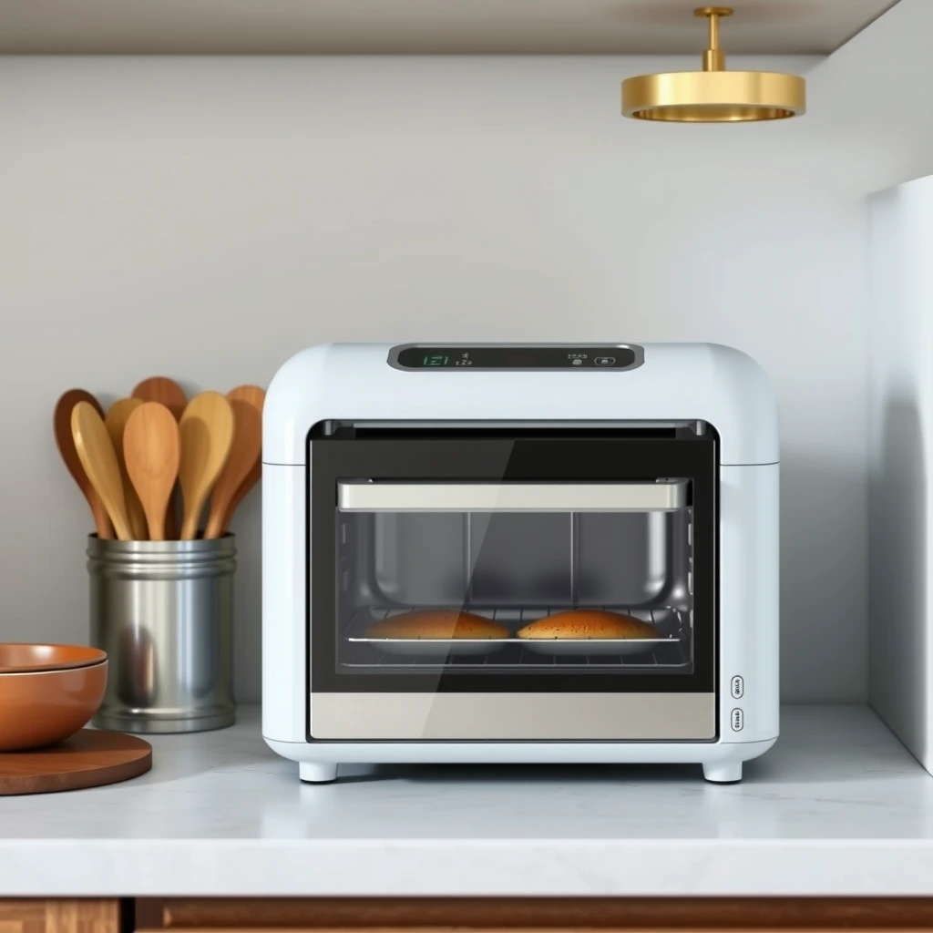Multifunktionales Küchengerät wie ein kompakter Airfryer-Toaster-Ofen-Kombi auf einer Arbeitsplatte in einer kleinen Küche