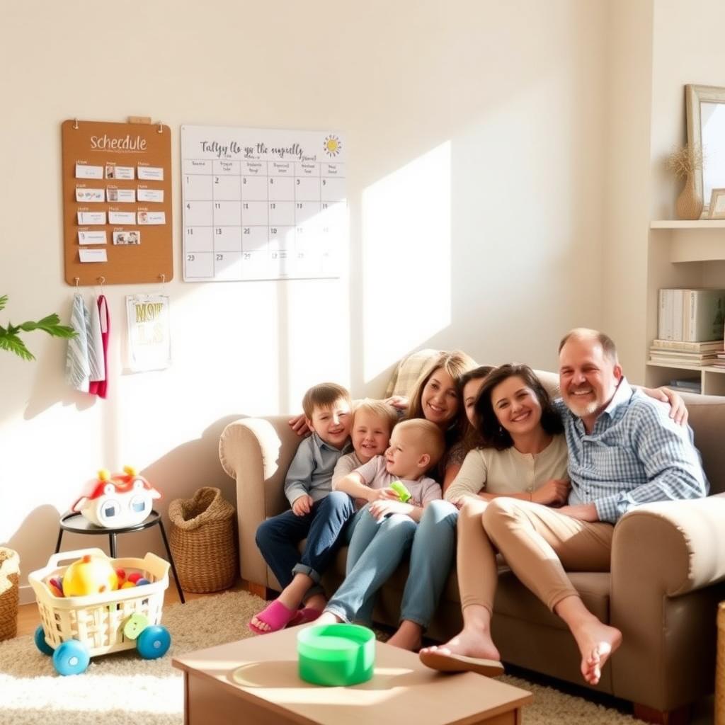 Gemütliches Familien-Wohnzimmer mit einem ordentlichen Planungsbord an der Wand, wenigen Spielsachen in einem Korb und einer entspannten Familie auf der Couch.
