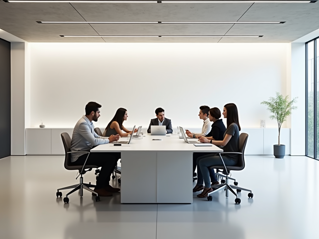 Minimalistisches Büro mit Team an einem einfachen Konferenztisch