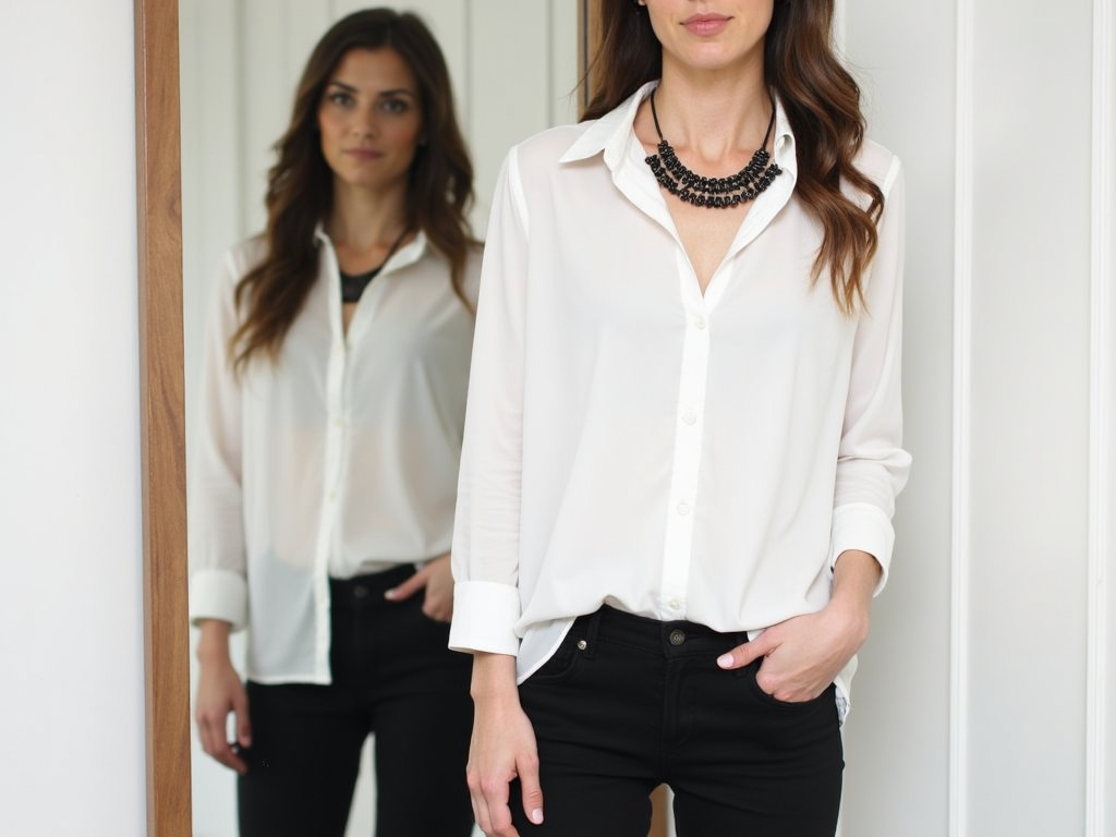 Eine Person, die vor einem Spiegel steht und ein einfaches, aber elegantes Outfit trägt, das den minimalistischen Ansatz einer Capsule Wardrobe widerspiegelt.