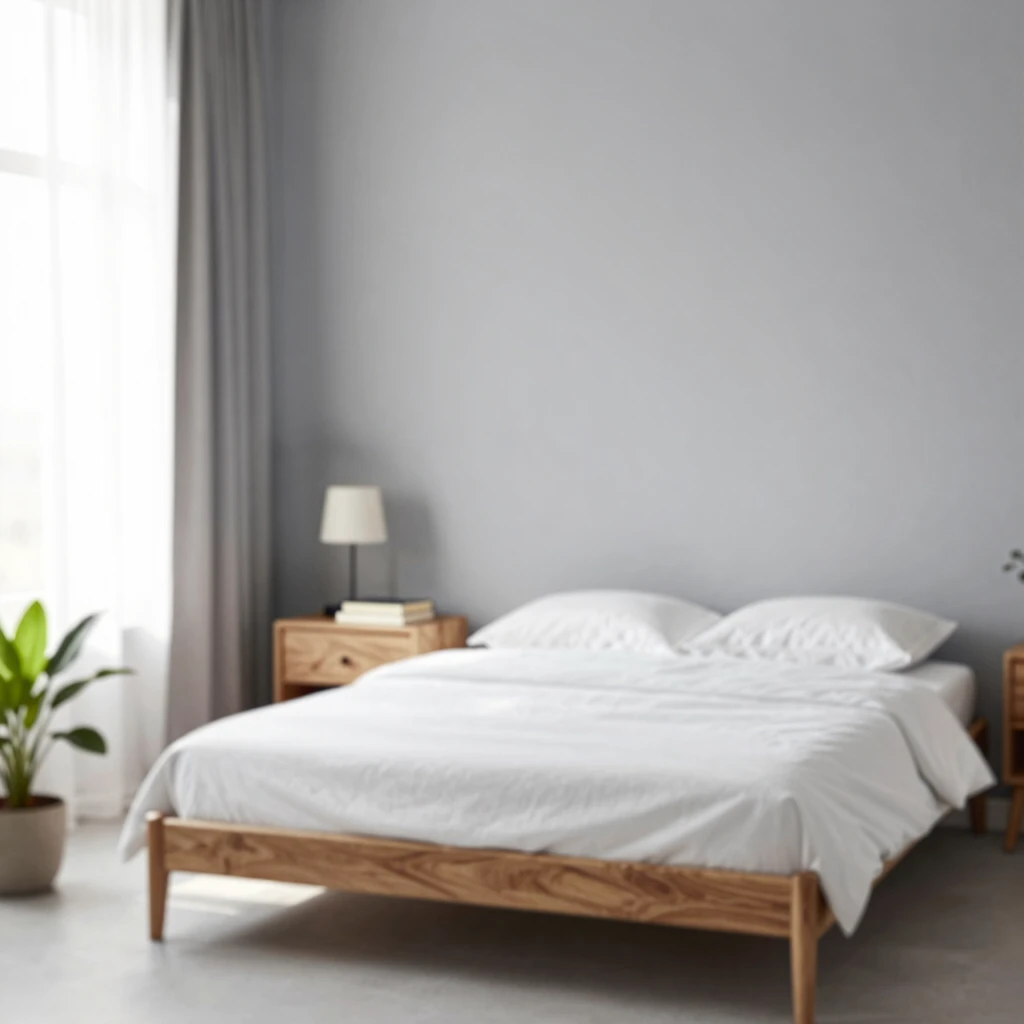 Einfaches minimalistisches Bett in hellem Schlafzimmer