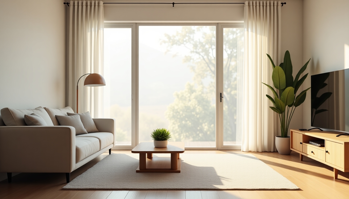 Minimalistisches Wohnzimmer mit schlichter Einrichtung und viel Licht