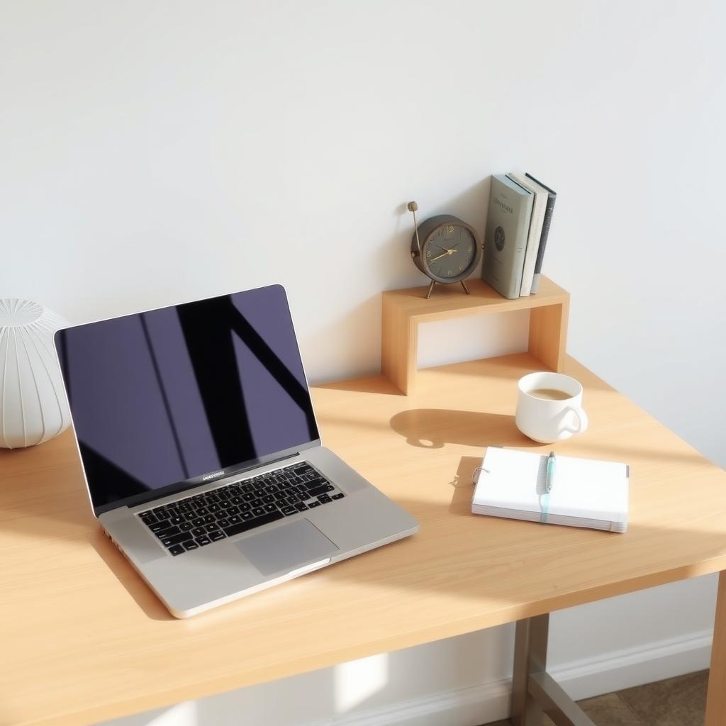 Ordentlicher Schreibtisch mit Laptop, Notizbuch, Stift und Kaffeetasse vor einer weißen Wand mit minimalistischem Regal.