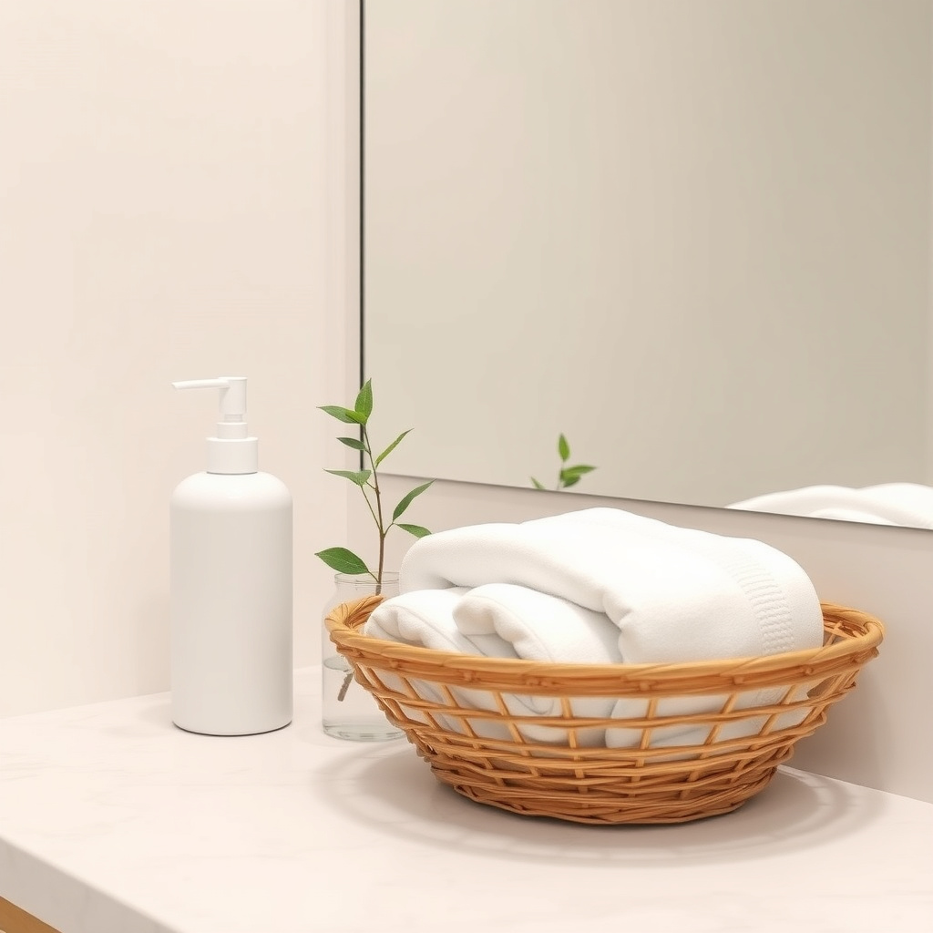 Ein aufgeräumtes minimalistisches Badezimmerregal mit wenigen Pflegeprodukten